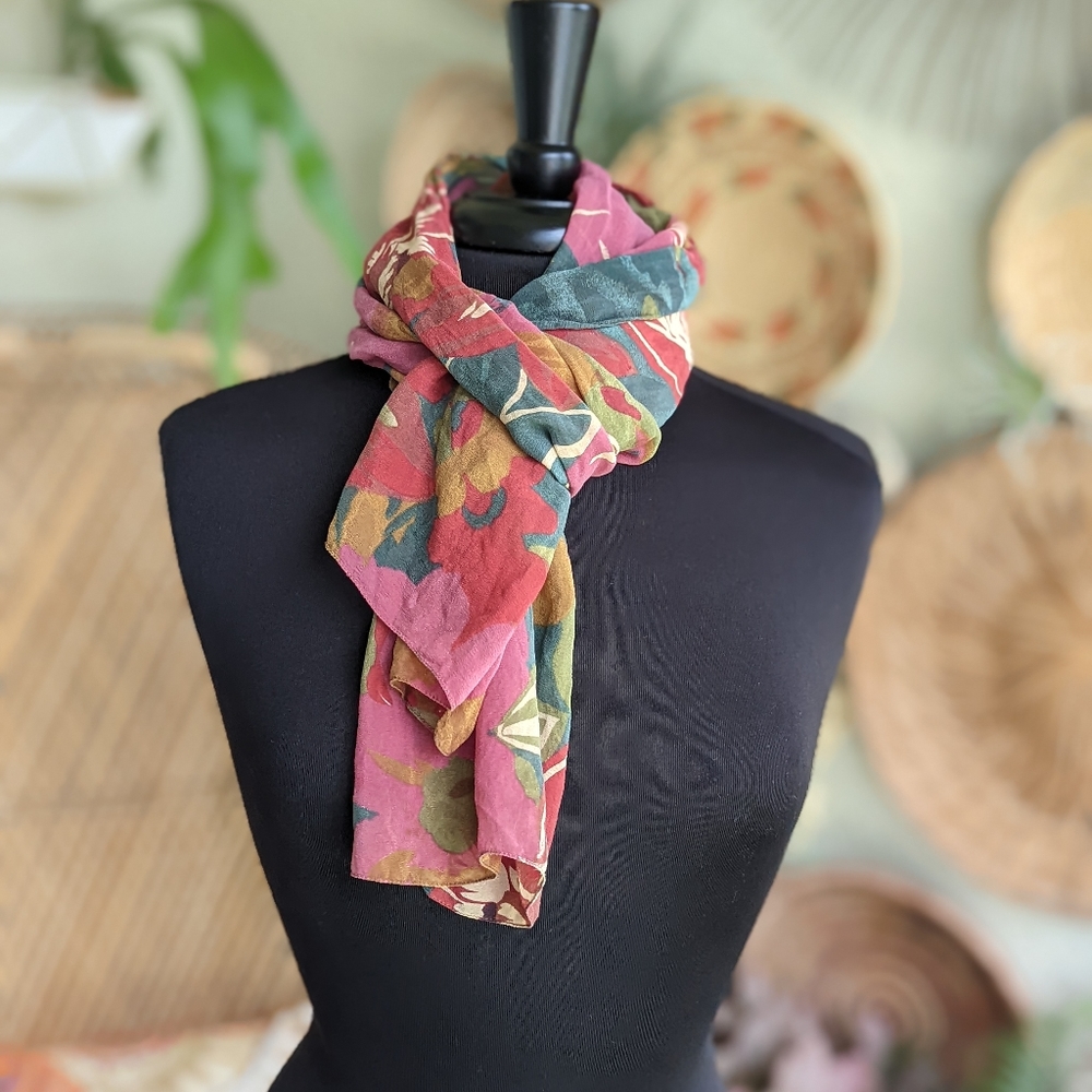 Vintage 90s Bohemian Silk Scarf Floral Jewel Tone Hippie Headband Festival Vibes